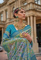 Keppel Blue & White Superior V.P.Silk Woven Printed Patola Silk Saree - Rewaa Milano | Grocsy