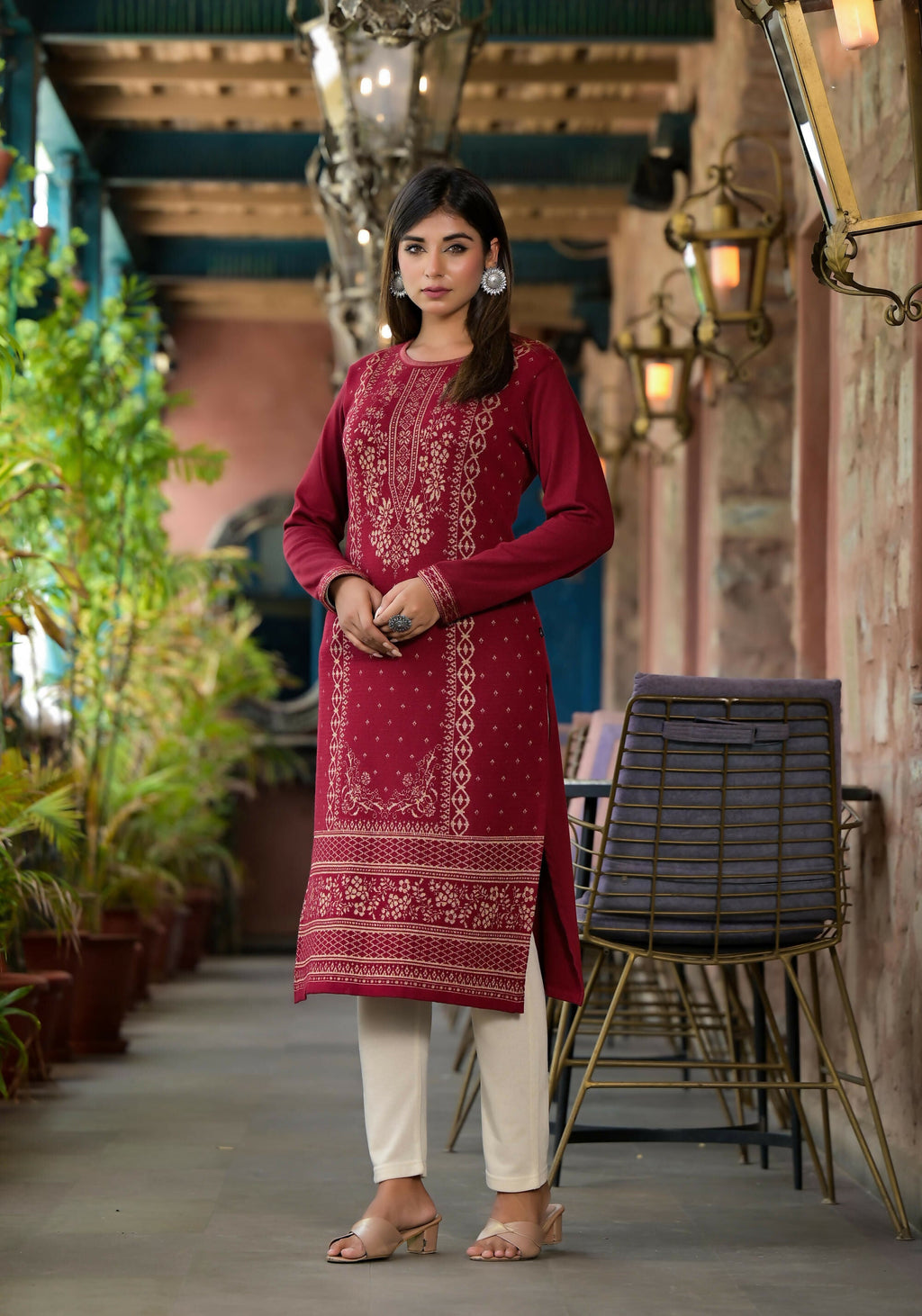 Juniper Women's Maroon Ethnic Motif Printed Polycotton Kurta | Grocsy