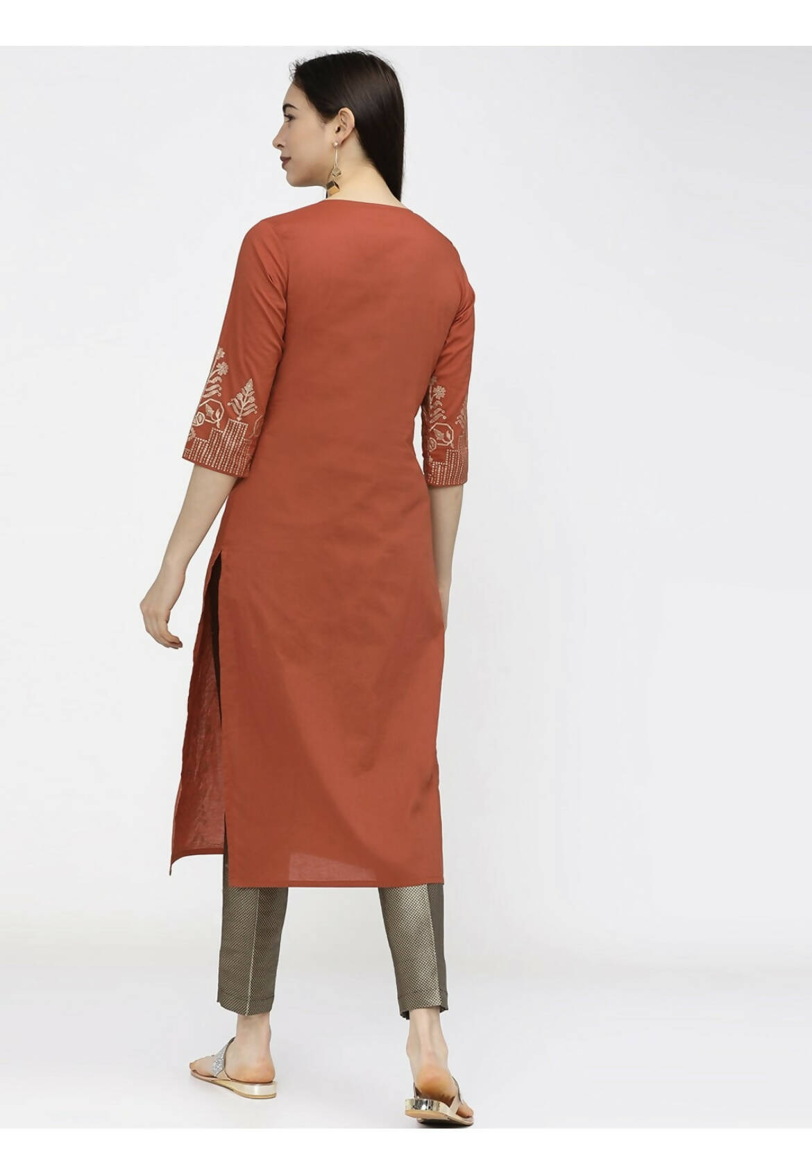 Cheera Embellished Daily Wear Cotton Blend Kurta - Brown | Grocsy