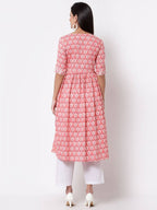 Myshka Women's Pink Printed 3/4 Sleeve Cotton Round Neck Dress | Grocsy