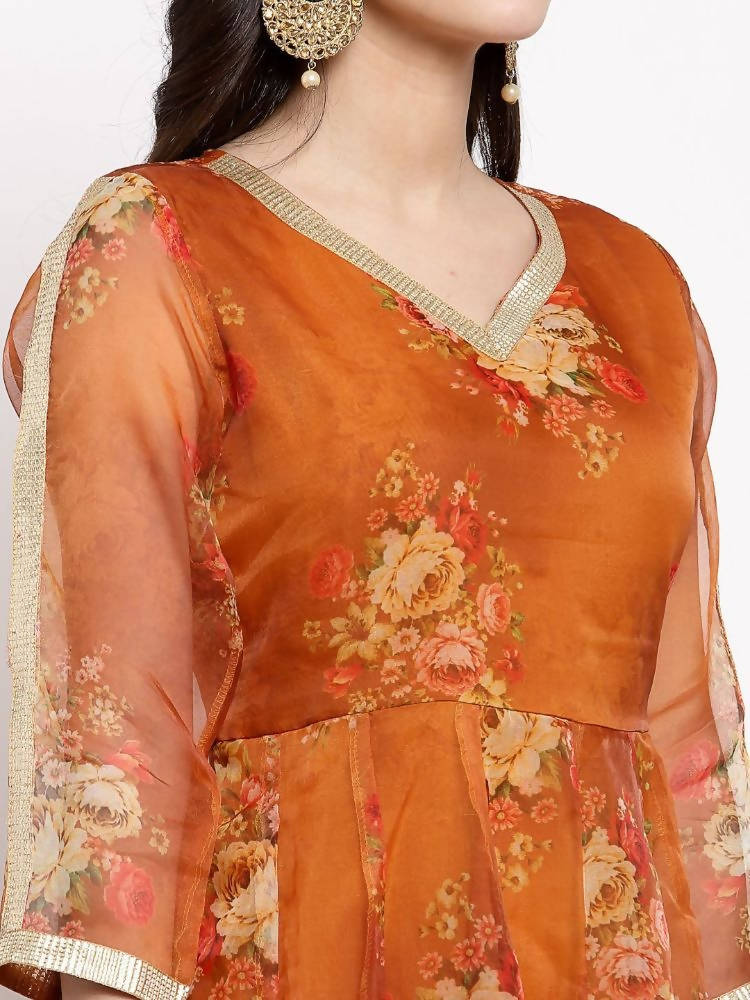 Myshka Women's Brown Organza Printed 3/4 Sleeve V Neck Casual Anarkali Dress | Grocsy