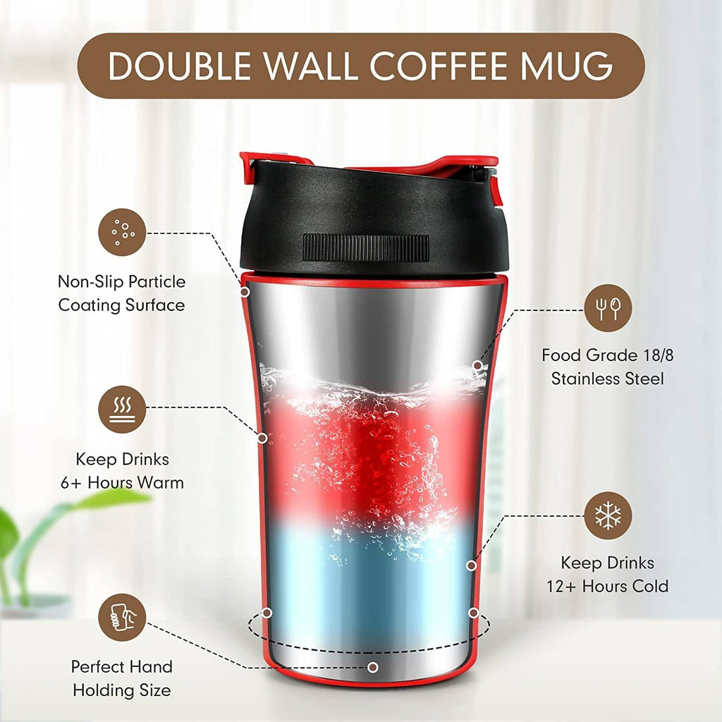 Wosta Reusable Travel Spill Proof Coffee Mug with Lid and Straw Tumbler - 400ml (Red) | Grocsy