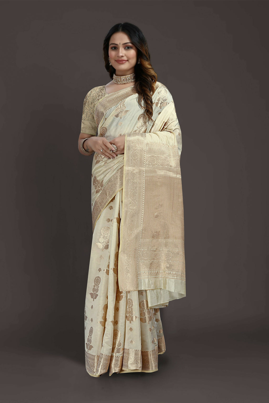 Off White Pure Raw Silk Zari Woven Saree with Unstitched Blouse Piece - Alisha | Grocsy