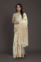 Off White Pure Raw Silk Zari Woven Saree with Unstitched Blouse Piece - Alisha | Grocsy