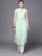 Ahalyaa Women Sea Green Floral Printed Georgette Kurta | Grocsy