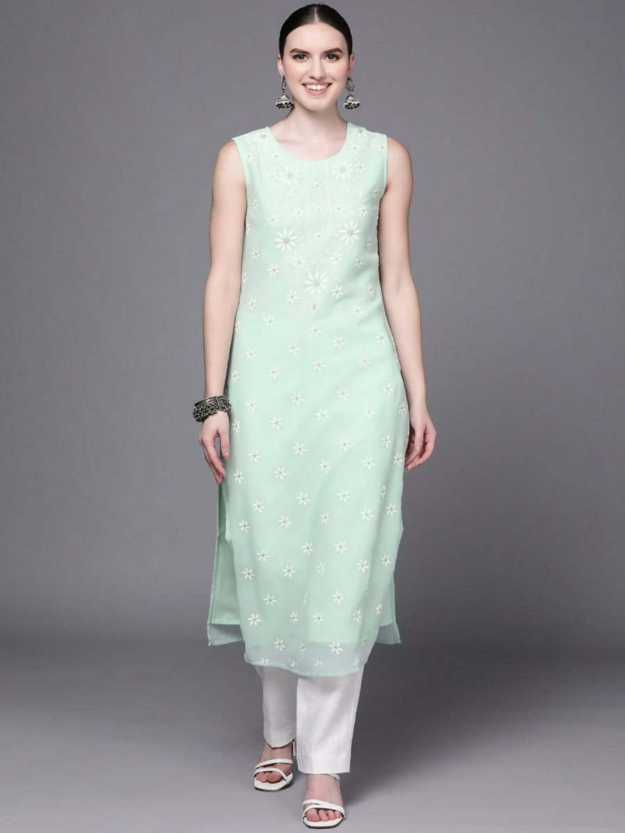 Ahalyaa Women Sea Green Floral Printed Georgette Kurta | Grocsy