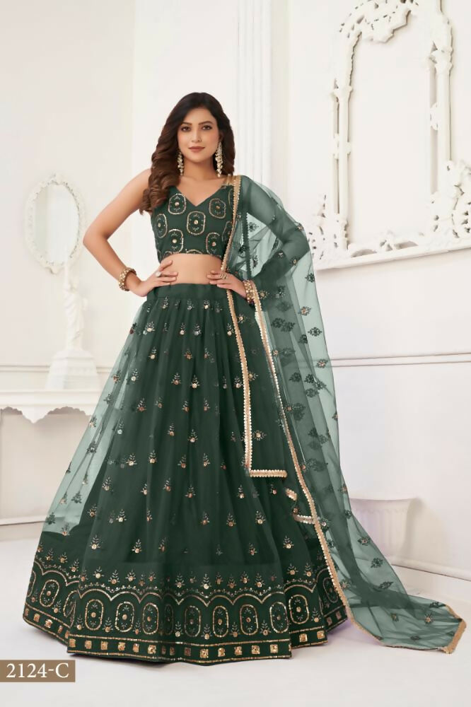Aastha Fashion Dark Green Butterfly Net Tone To Tone Thread Work And Sandwich Sequence Work Embroidery Wedding Wear Lehenga Choli | Grocsy
