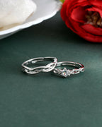 VOJ Stainless Steel Cubic Zirconia Silver Plated Adjustable Ring Set for Couple | Grocsy