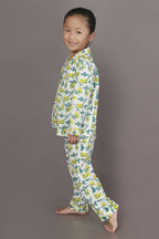 Breathables Kids Cotton Night Suit – White Avocado Print Shirt & Pyjama Co-Ord Set For Boys & Girls | Grocsy