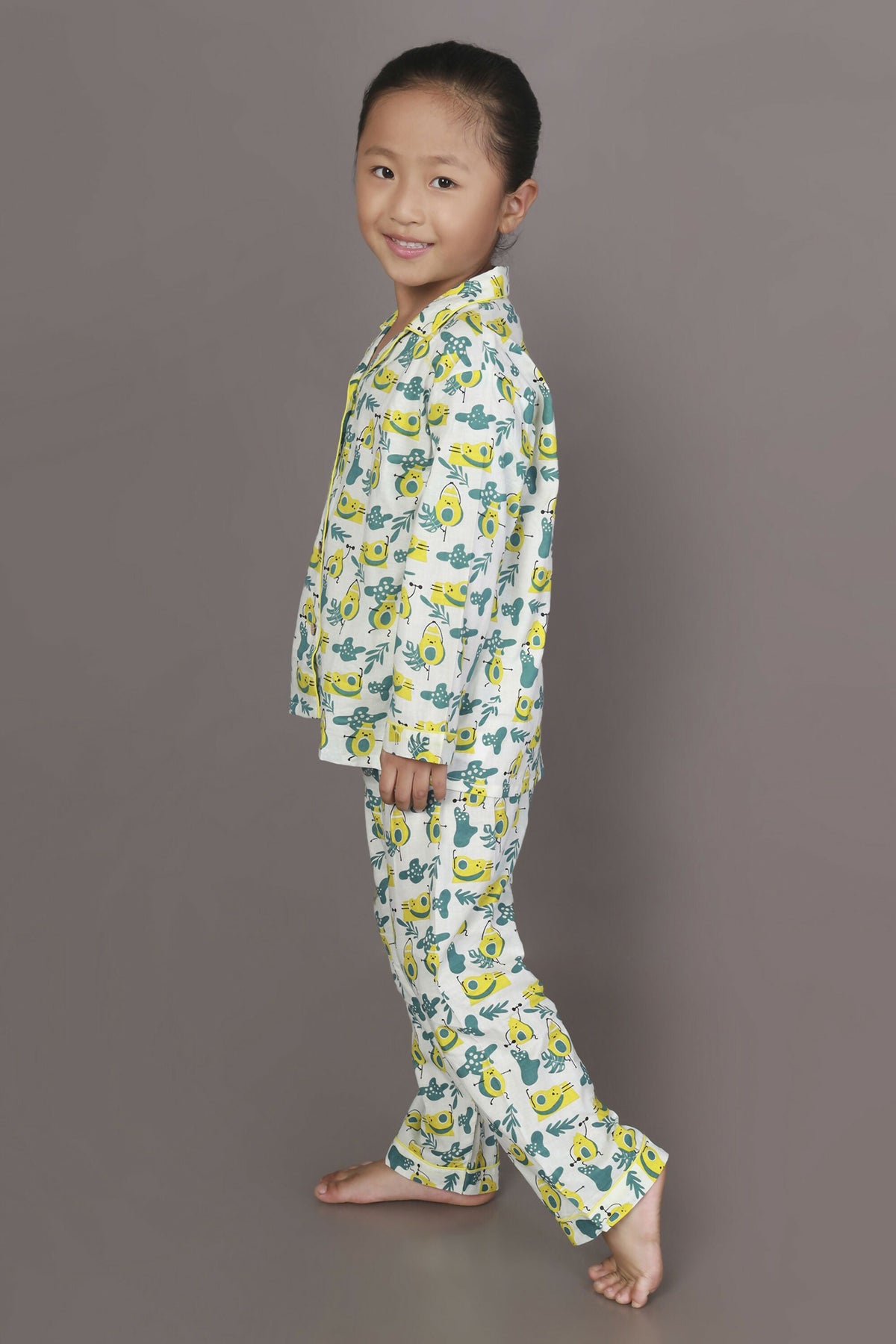 Breathables Kids Cotton Night Suit – White Avocado Print Shirt & Pyjama Co-Ord Set For Boys & Girls | Grocsy