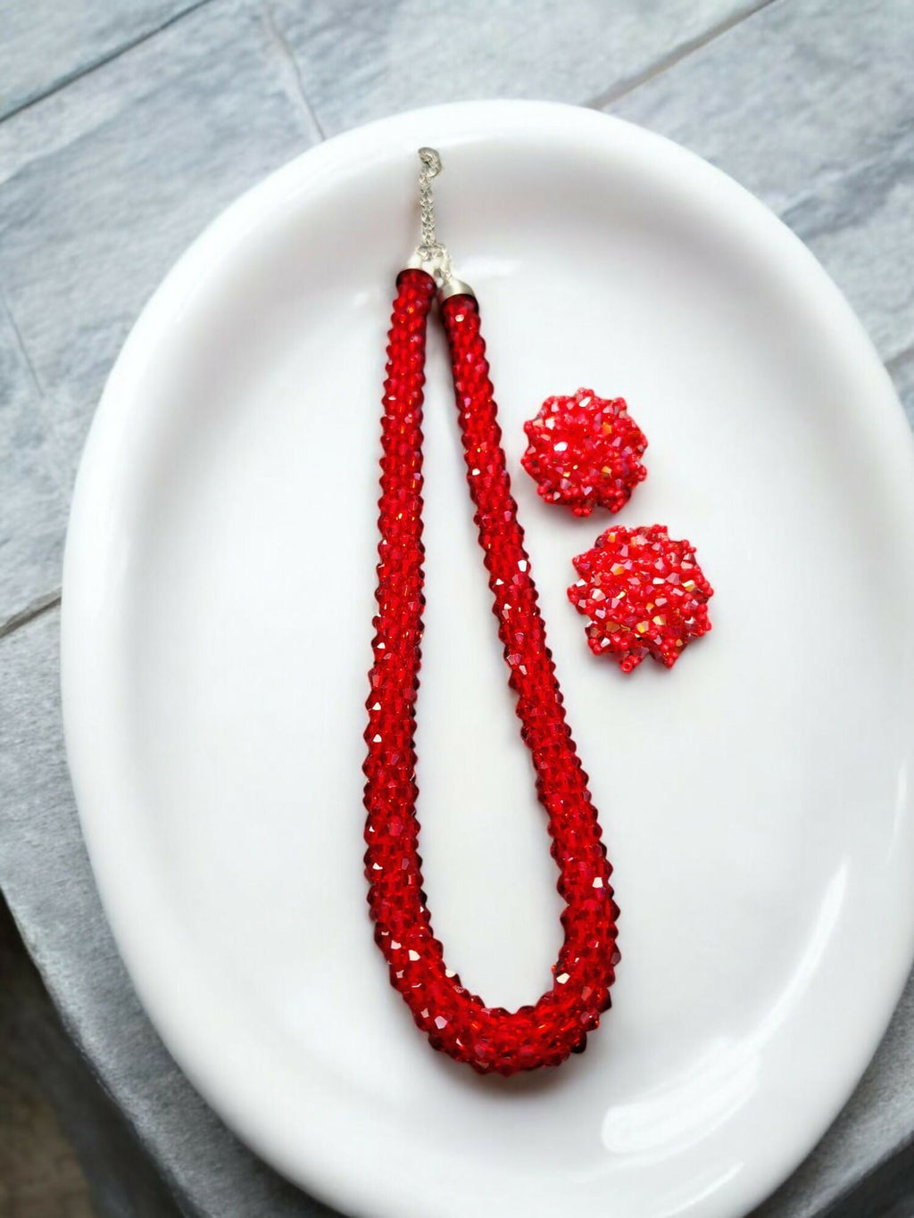 Inhanns Noor-E-Jalwa – Handmade Crystal Bead Necklace / Necklace With Earrings -Adjustable - Red | Grocsy