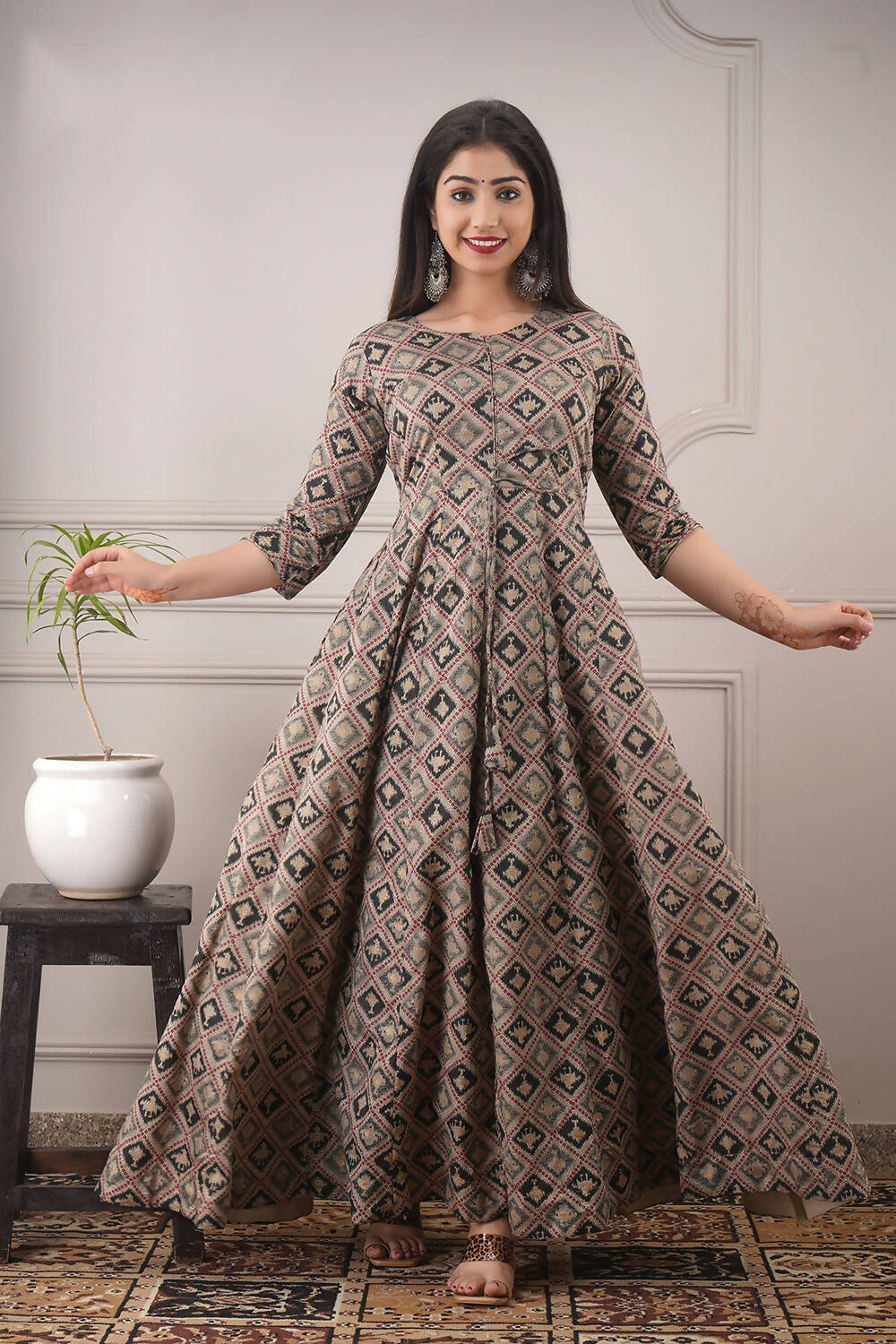 Partywear Designer Hand Screen and Foil Print Multi Pure chanderi Gown - Anbazaar | Grocsy