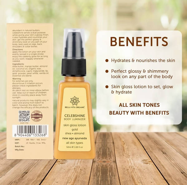 Bella Vita Organic Celeb Shine Body Luminizing Shimmer skin Gloss Lotion Gold Shea Butter Almond | Grocsy