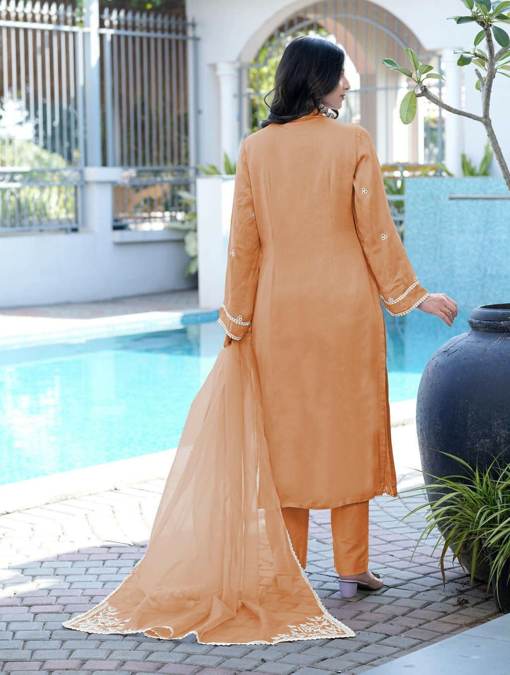 Nikhaar Orange Embroidered Modal Silk Stitched Straight Cut Kurta Pants Dupatta Readymade Suit | Grocsy