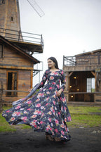 Aayaa Designer Printed Georgette Full Flare Gown With Dupatta - Multi Color | Grocsy