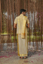 Gold Tissu Kanjivaram Machien Embroidered Pattu Set by Hilo Design | Grocsy