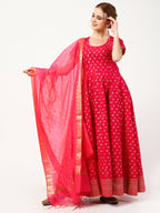 Cheera Women's Deep Pink Cotton & Silk Hand Block Print Long Dress With Silk Dupatta Set | Grocsy