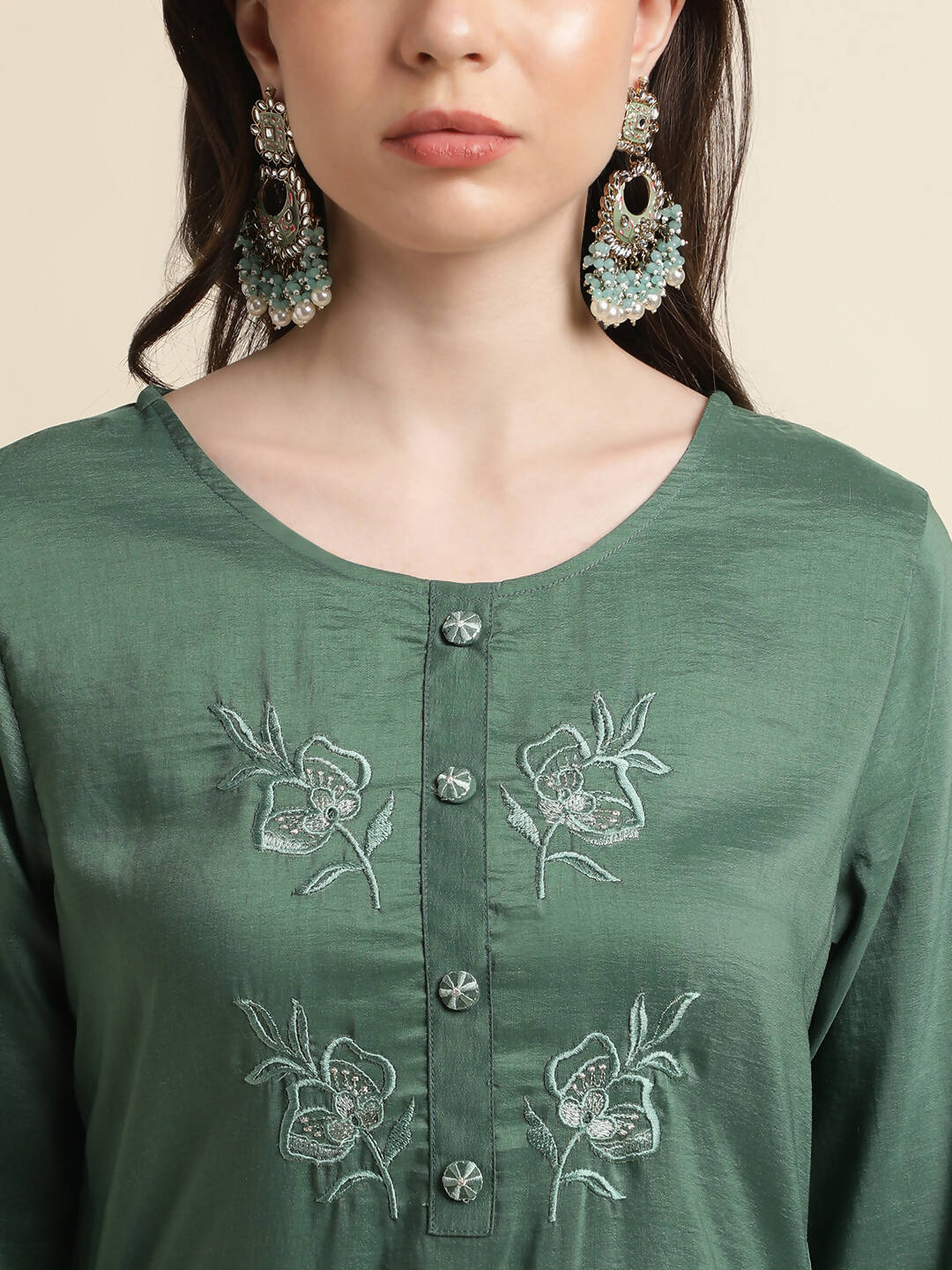 Green Chinon Silk Embroidered Straight Kurta with Trouser & Dupatta - Salimar | Grocsy