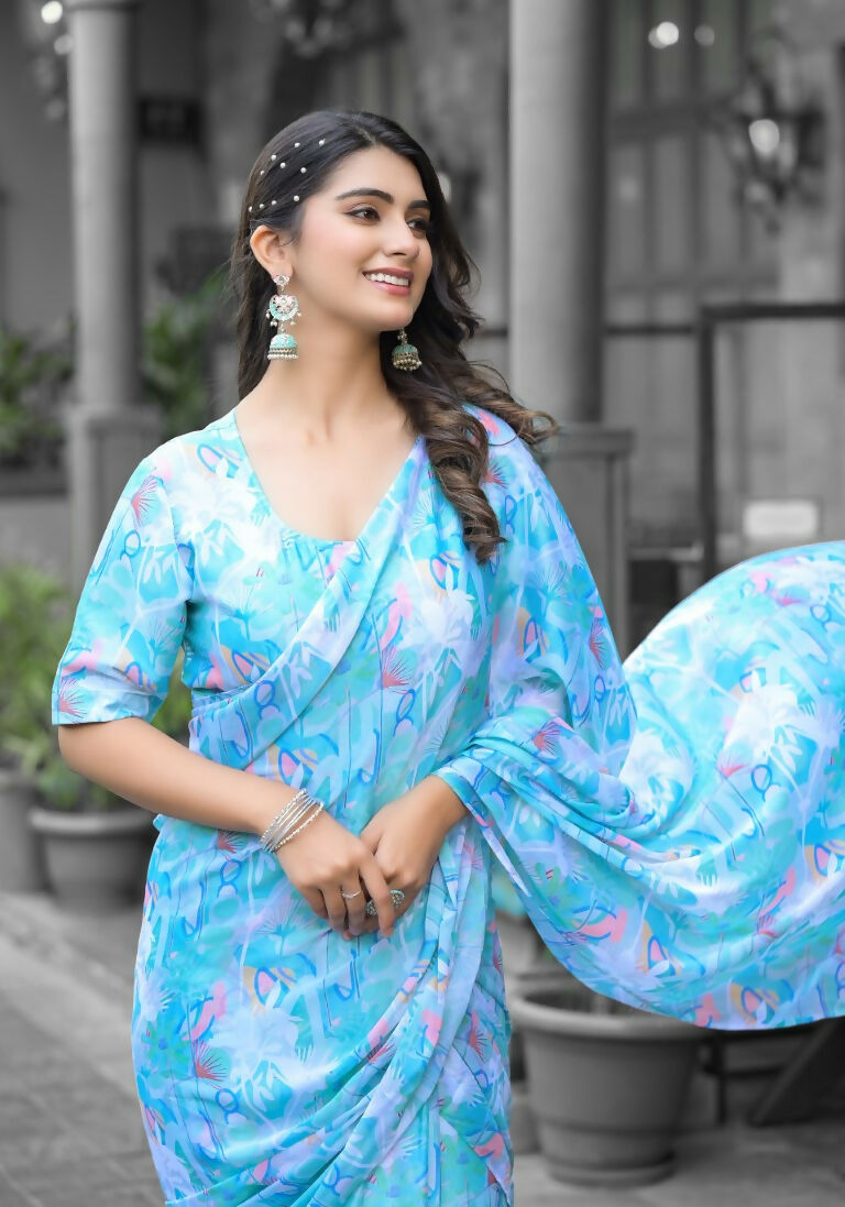 stylish Casual Sky Imported georgette Ready to Wear Fancy Saree - Ashwini | Grocsy