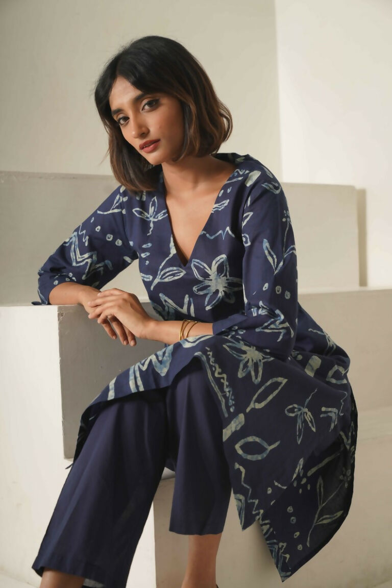 Miravan Women's Abstract Printed Cotton Blue Co-Ord Set | Grocsy