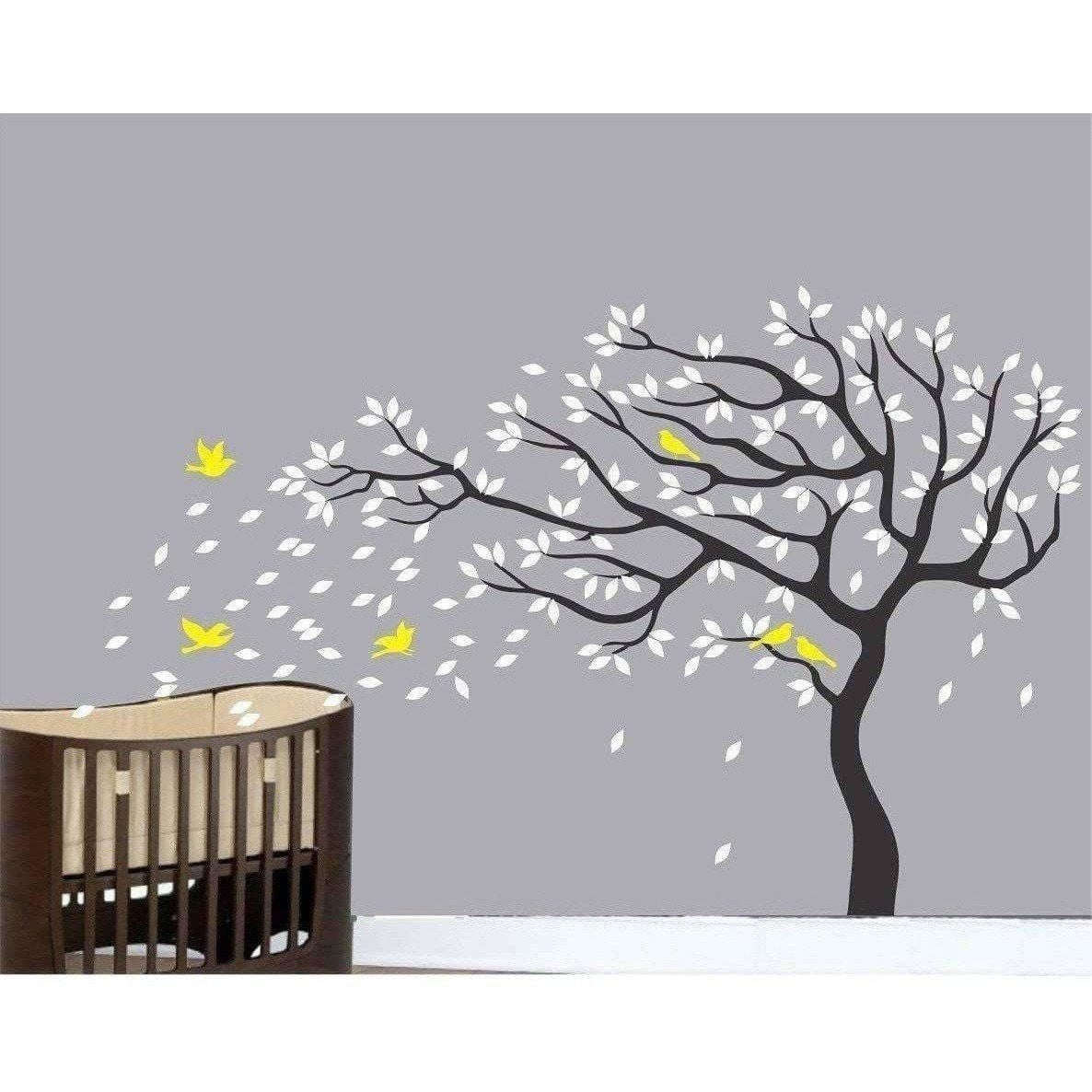 Big Beautiful Black Tree White Leaves Yellow Birds | Grocsy