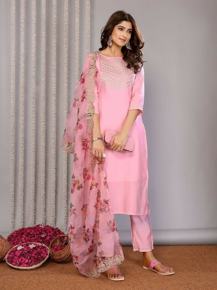 Joban Fashion Women Light Pink Roman Embroidery Stitched Kurta Set | Grocsy
