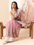 Pink Organza Floral Embroidered Saree with Unstitched Blouse Piece - Roozal | Grocsy