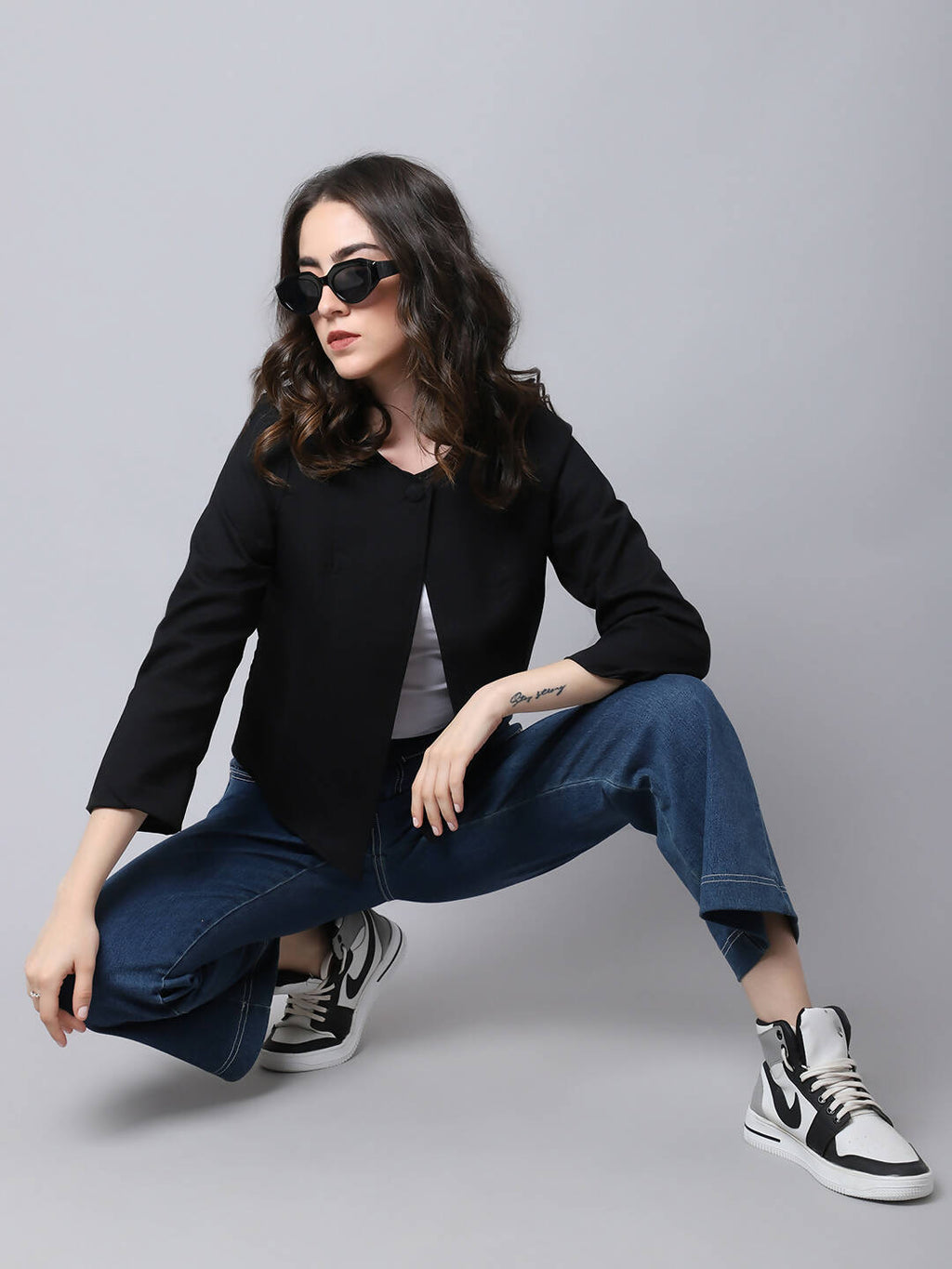 Even Apparels Black Linen Cotton Open Front Statement Women's Jacket | Grocsy