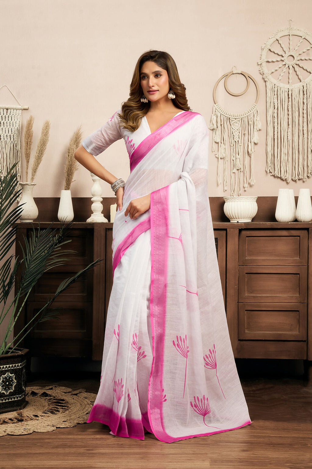 Vastranavya White Digital Printed Linen Ready To Wear Designer Saree with Unstitched Blouse | Grocsy