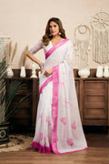 Vastranavya White Digital Printed Linen Ready To Wear Designer Saree with Unstitched Blouse | Grocsy