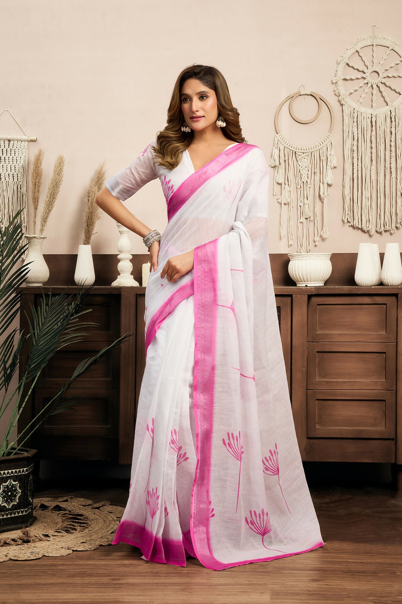 Vastranavya White Digital Printed Linen Ready To Wear Designer Saree with Unstitched Blouse | Grocsy