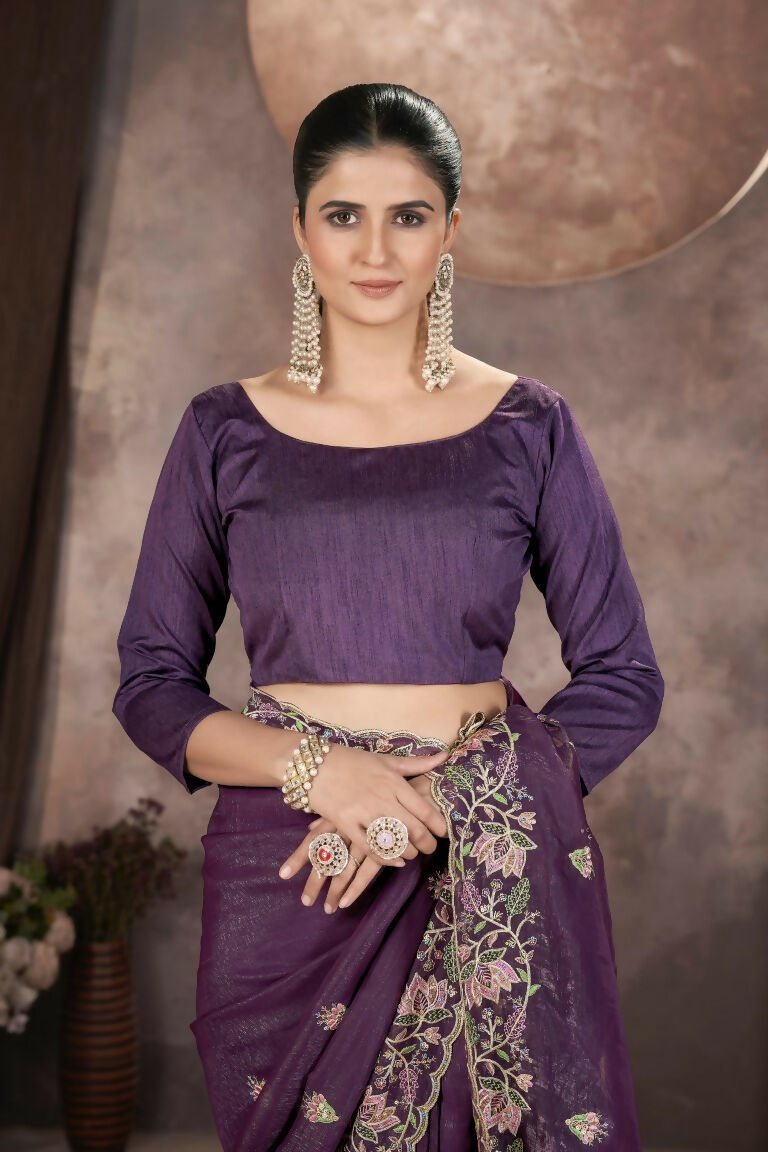 Vastranavya Gold Crunchy Multi Colour Threads Embroidery Work with Sequins Work Saree with Blouse material - Purple | Grocsy