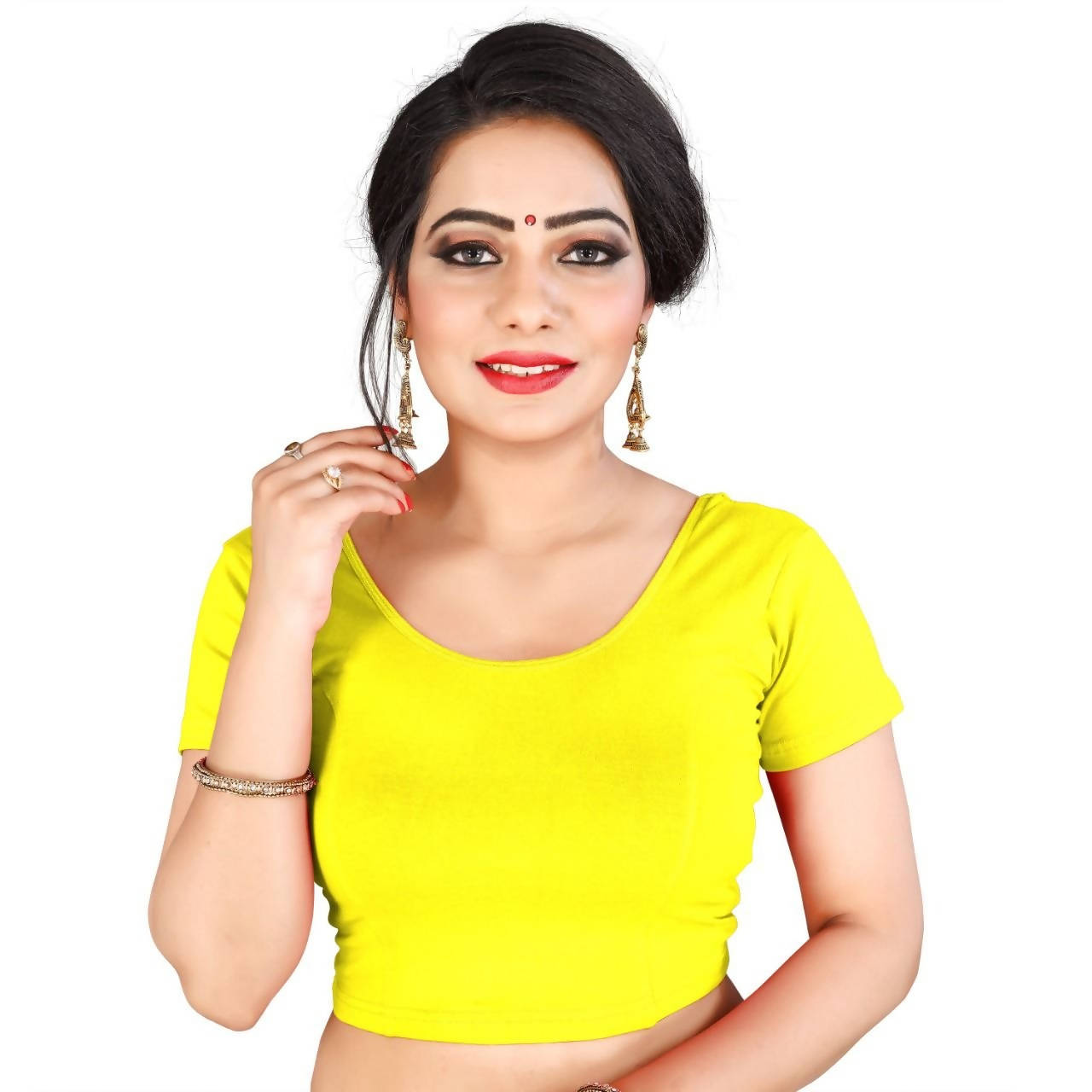 Vamika Yellow Lycra Plain Blouse | Grocsy
