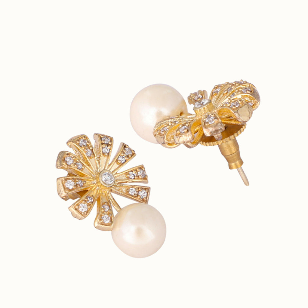 Nuyug 22K Gold-Plated Pearl Drop Zircon Floral Shaped Mini Stud Earrings | Grocsy