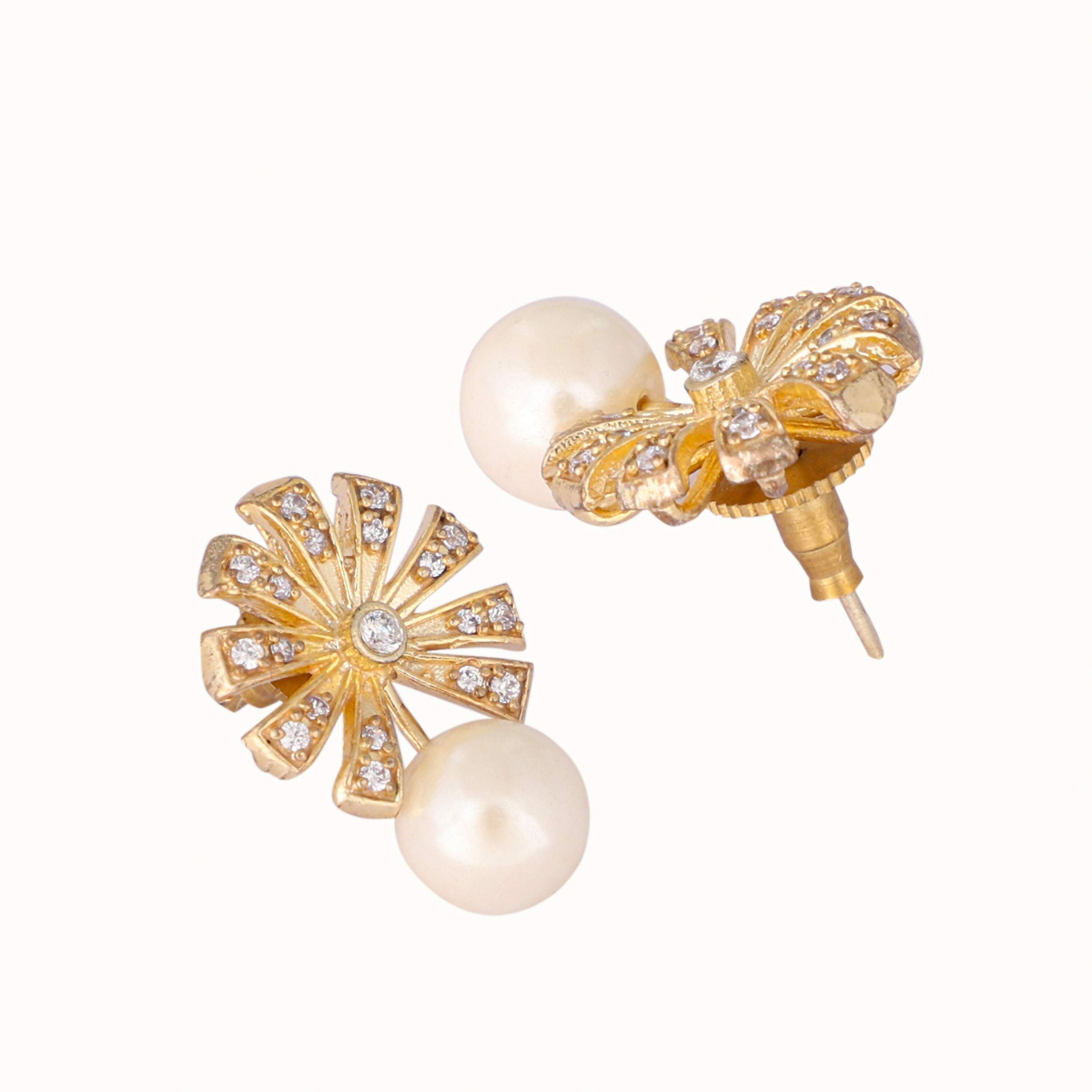 Nuyug 22K Gold-Plated Pearl Drop Zircon Floral Shaped Mini Stud Earrings | Grocsy