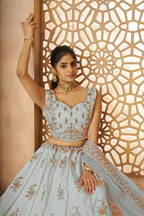 Kesar Fab Sky-Blue Zari Silk Hand_Woven Lehenga | Grocsy