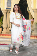 The52 Women's Beautiful Chanderi Fabric Embroidery Work Straight Kurta Pant and Dupatta Set | Grocsy