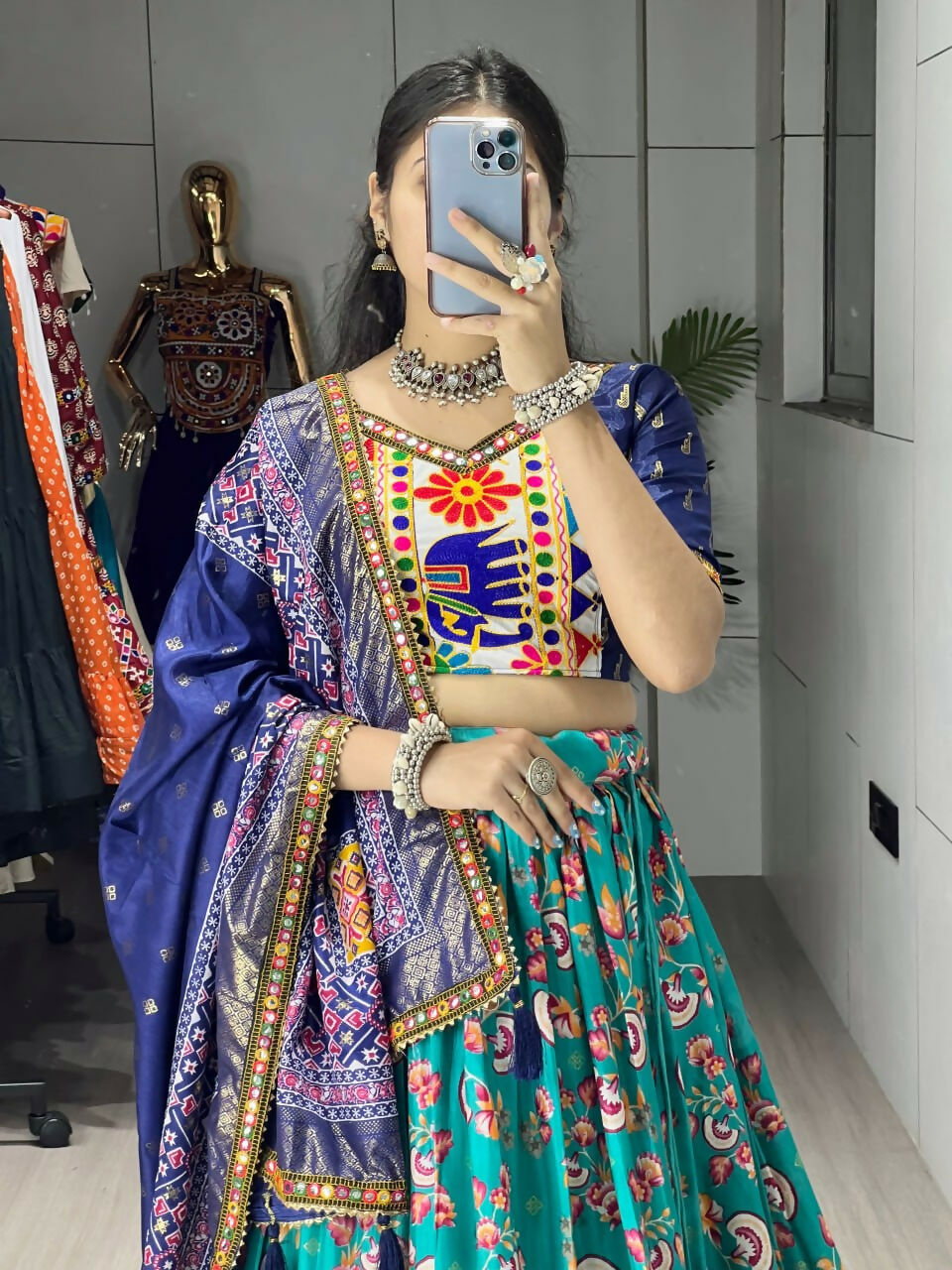 Yash Enterprise Firozi Silk Embroidery Semi Stitched Navratri Chaniya Choli | Grocsy