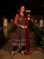 Juniper Women's Black Ethnic Motif Printed Rayon A-lined Kurta Palazzo And Dupatta With Mirror & Thread Work | Grocsy