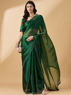 Green Organza Swaroski Diamond Work Saree with Unstitched Blouse - Radha | Grocsy