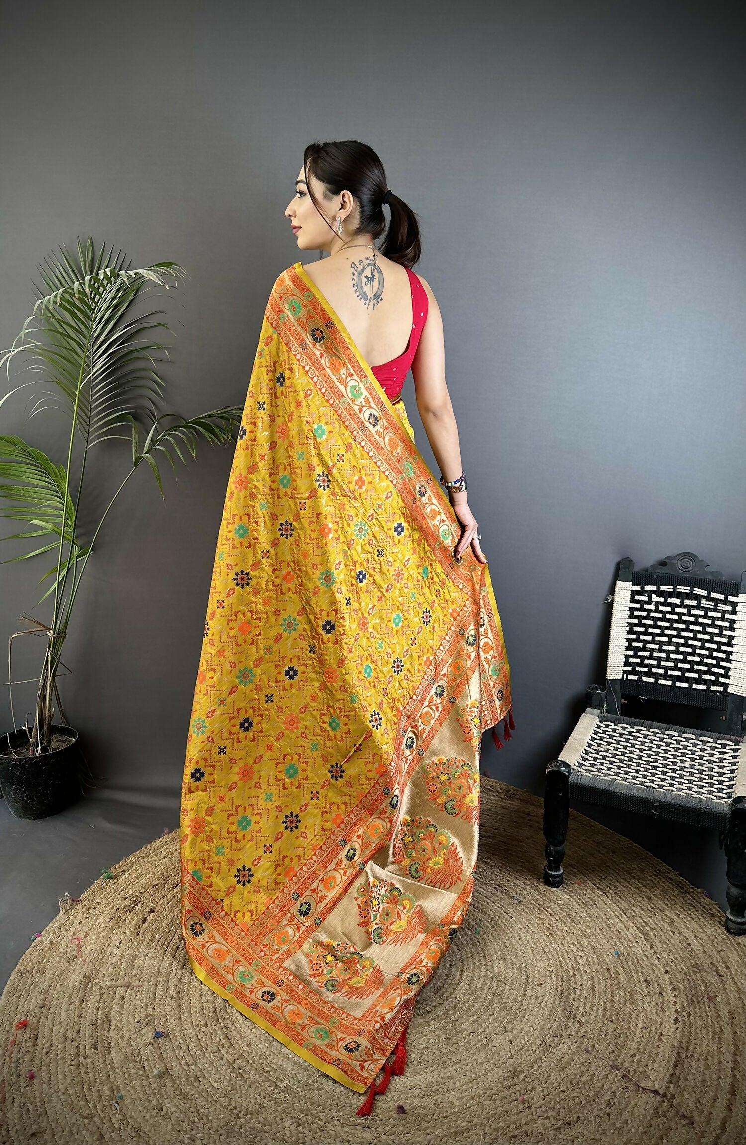 Joban Fashion Golden Yellow Banarasi Soft Silk Woven Saree | Grocsy