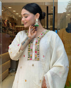 The52 Off White Women's Gorgeous Chinon Fabric Embroidered Work Straight Kurta Pant and Dupatta Set | Grocsy