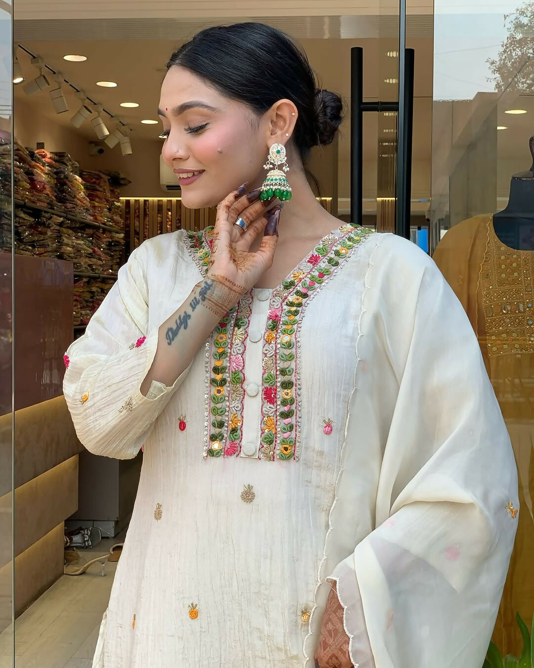 The52 Off White Women's Gorgeous Chinon Fabric Embroidered Work Straight Kurta Pant and Dupatta Set | Grocsy