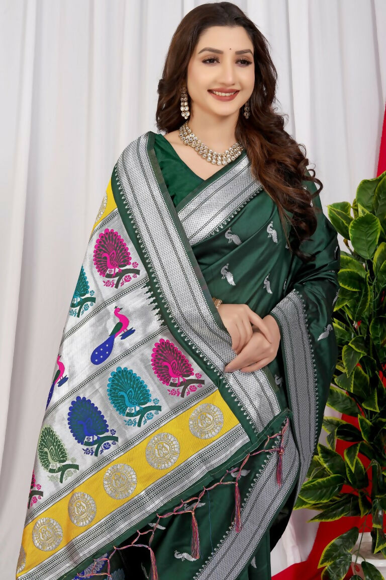 Jyoti Fashion Women's Bottle Green Paithani Silk Zari Woven Saree with Blouse | Grocsy