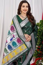 Jyoti Fashion Women's Bottle Green Paithani Silk Zari Woven Saree with Blouse | Grocsy