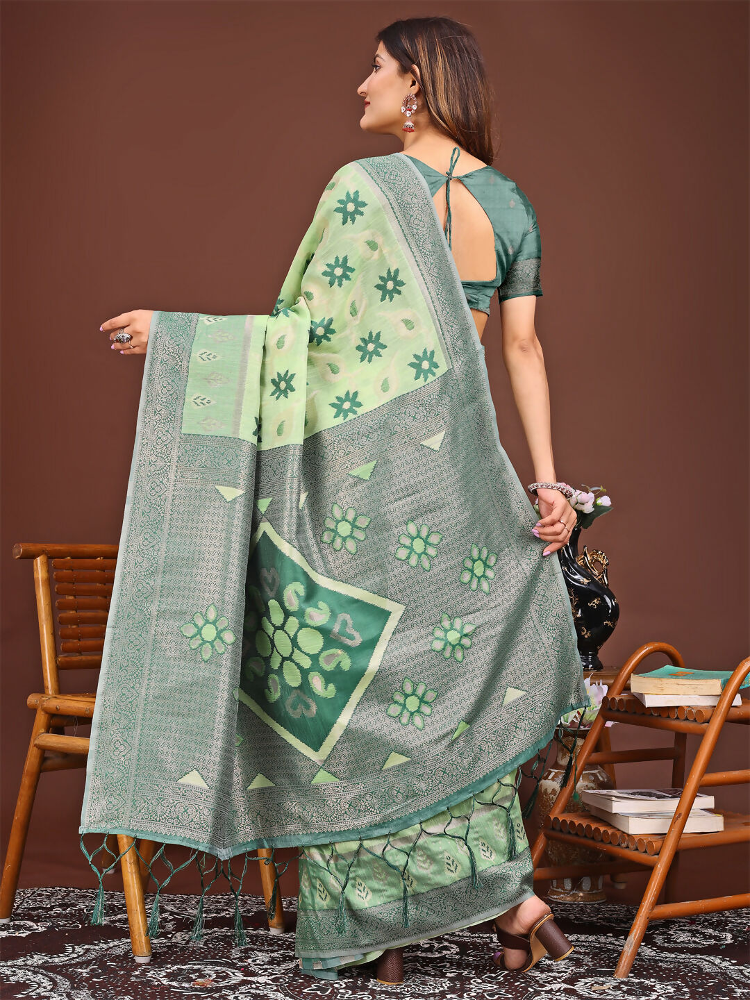 Shree Shyam Fashion Sajni Light Green Linen Cotton Saree | Grocsy