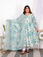 Miravan Women's Plus Size Light Green Cotton Birds And Leaf Floral Printed And Lace Border Details Anarkali Kurta And Dupatta Set | Grocsy
