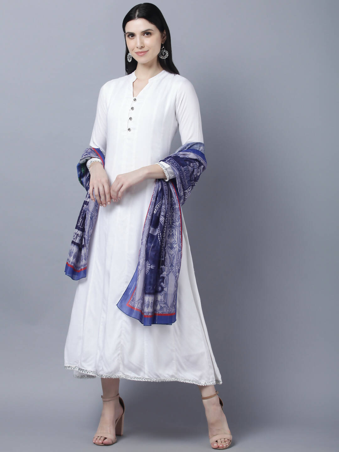 Myshka Women White Anarkali Kurta With Dupatta | Grocsy