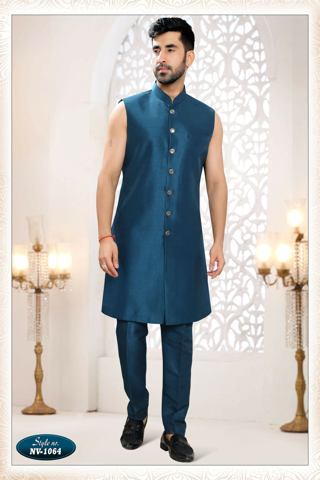Joban Fashion Men's Blue Straight Silk Thread And Sequence Embroidery All Over 3 Pc Kurta Set | Grocsy