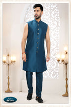 Joban Fashion Men's Blue Straight Silk Thread And Sequence Embroidery All Over 3 Pc Kurta Set | Grocsy
